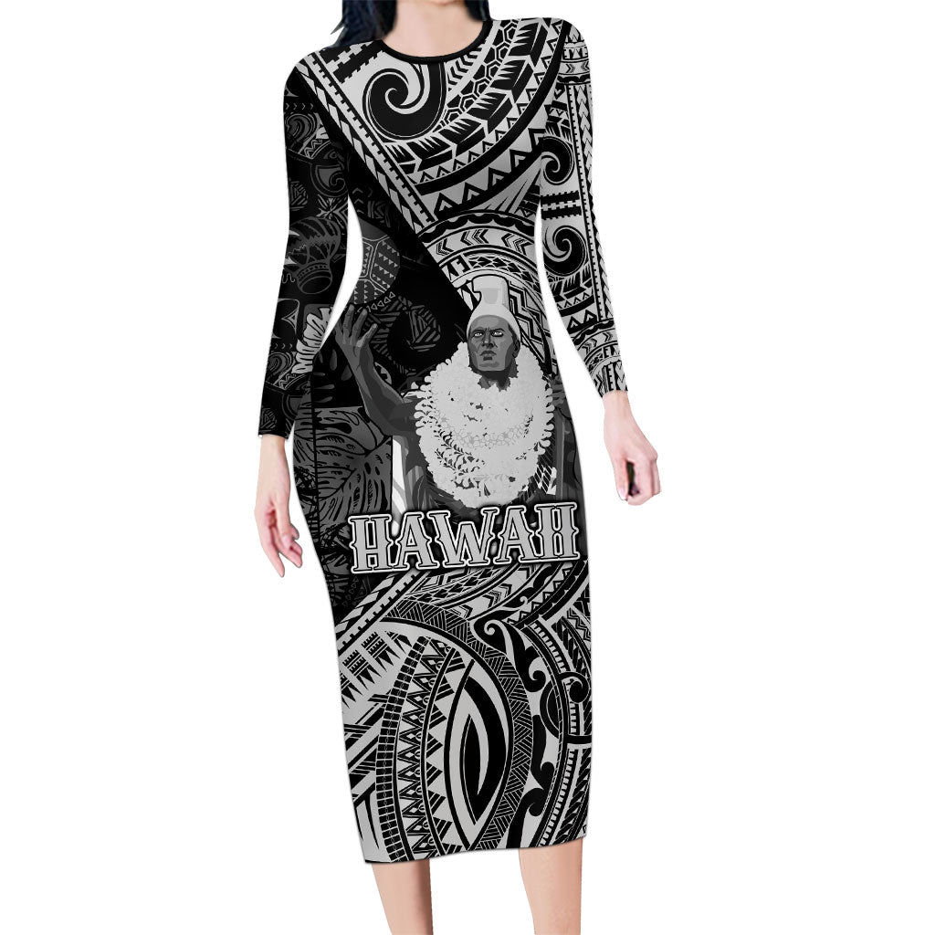 Hawaii King Kamehameha Long Sleeve Bodycon Dress With Hawaiian Ipu Motifs Black Version