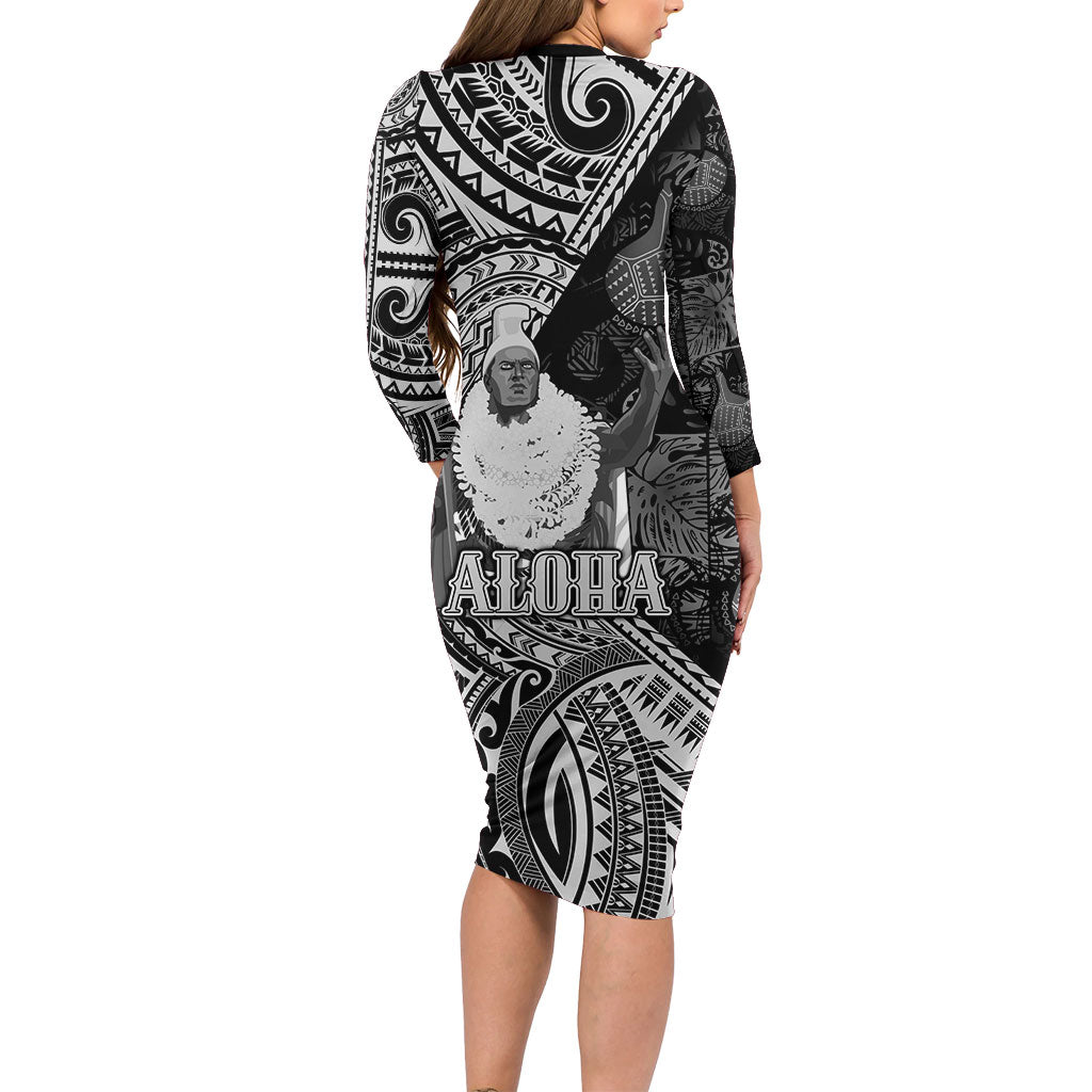 Hawaii King Kamehameha Long Sleeve Bodycon Dress With Hawaiian Ipu Motifs Black Version