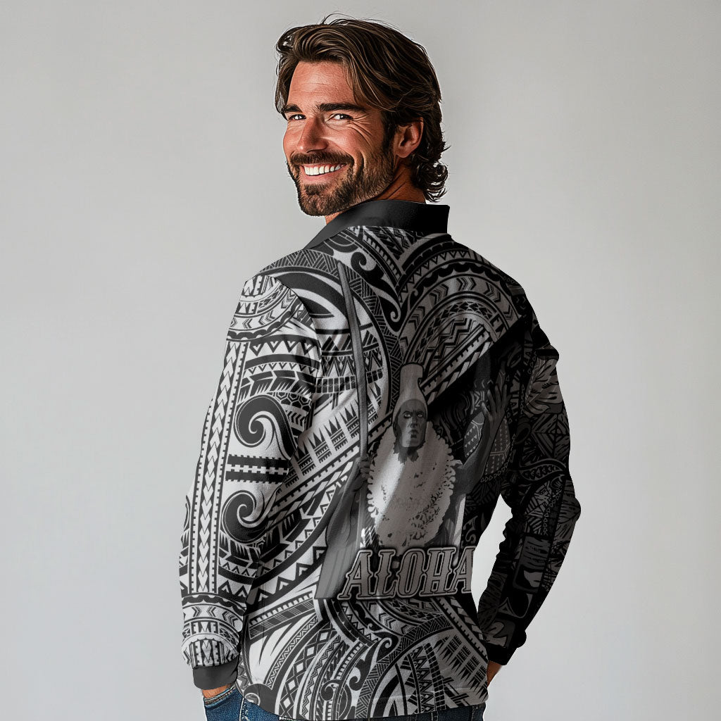 Hawaii King Kamehameha Long Sleeve Polo Shirt With Hawaiian Ipu Motifs Black Version