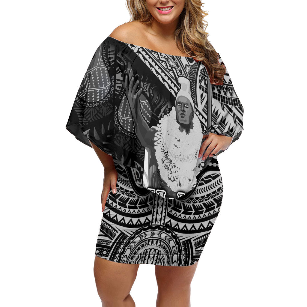 Hawaii King Kamehameha Off Shoulder Short Dress With Hawaiian Ipu Motifs Black Version