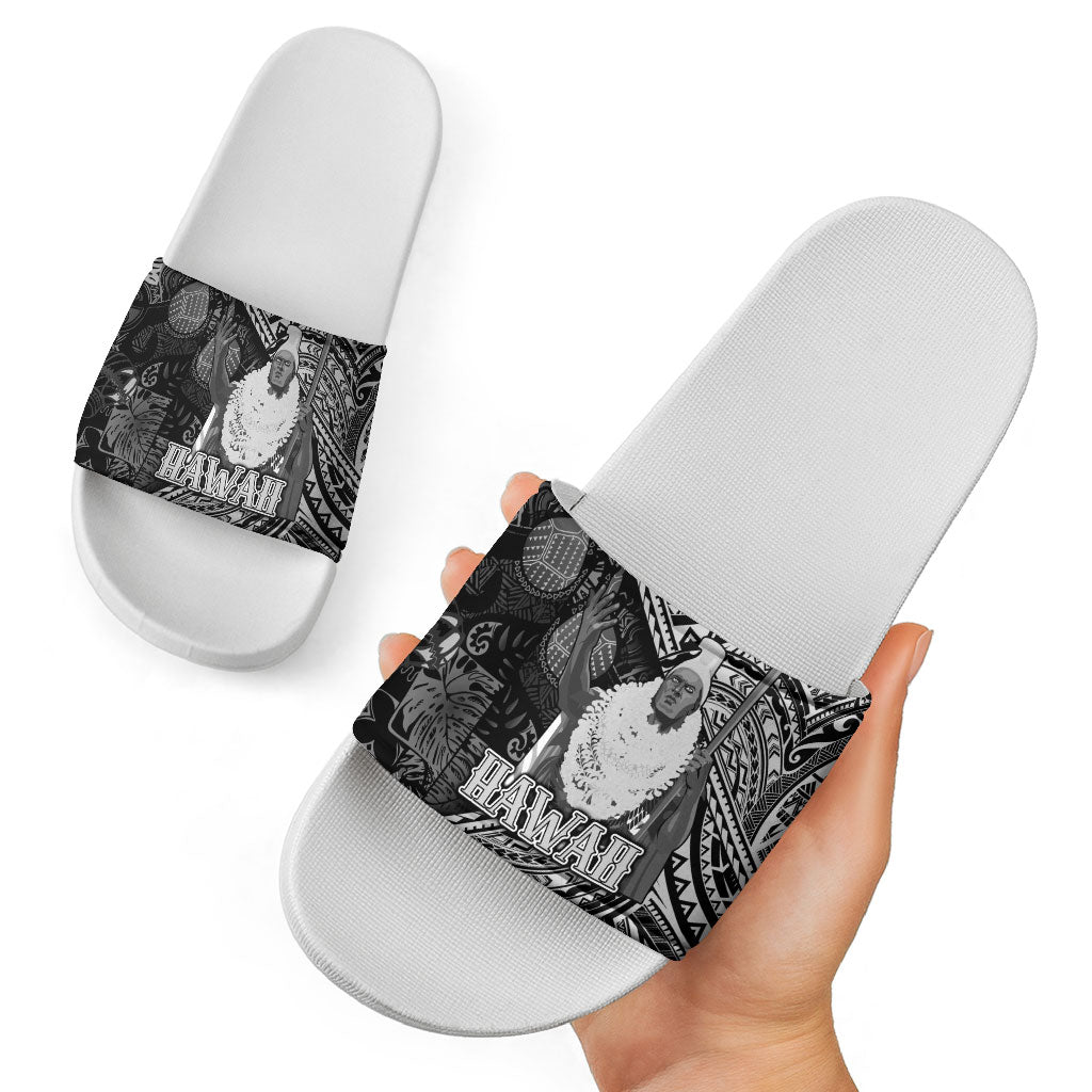 Hawaii King Kamehameha Slide Sandals With Hawaiian Ipu Motifs Black Version