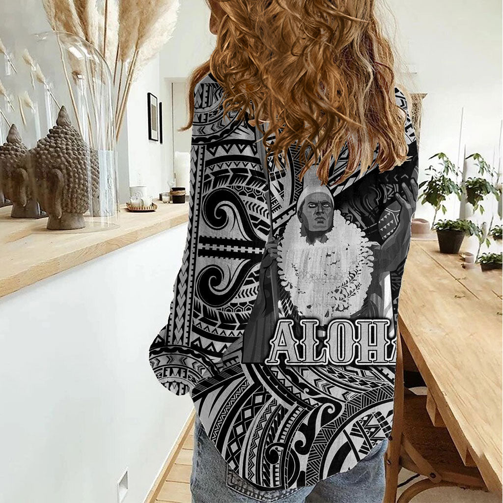 Hawaii King Kamehameha Women Casual Shirt With Hawaiian Ipu Motifs Black Version