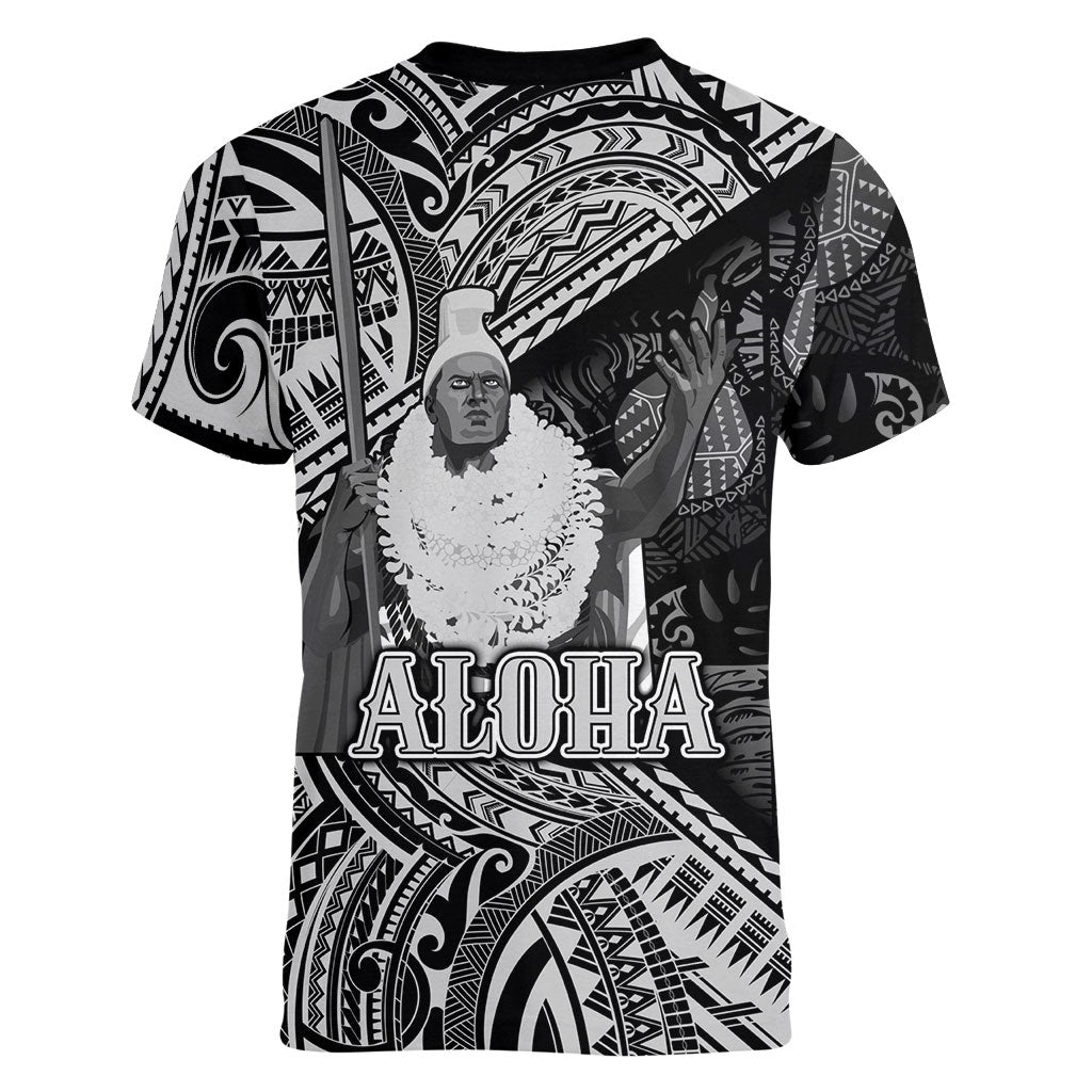 Hawaii King Kamehameha Women V-Neck T-Shirt With Hawaiian Ipu Motifs Black Version