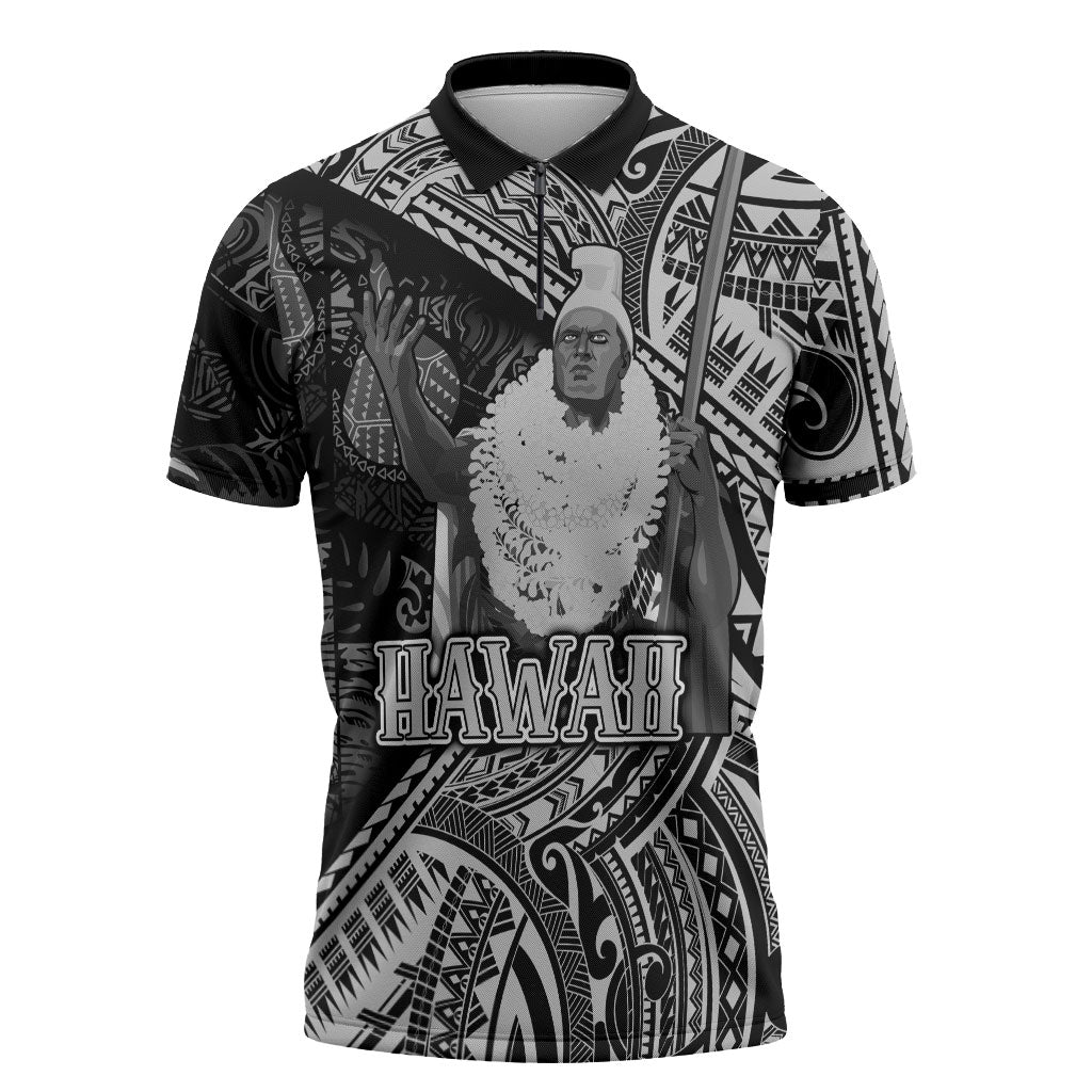 Hawaii King Kamehameha Zipper Polo Shirt With Hawaiian Ipu Motifs Black Version