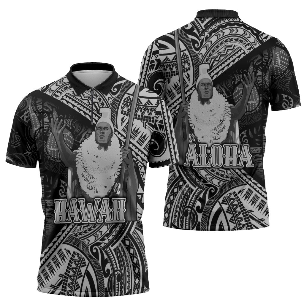 Hawaii King Kamehameha Zipper Polo Shirt With Hawaiian Ipu Motifs Black Version