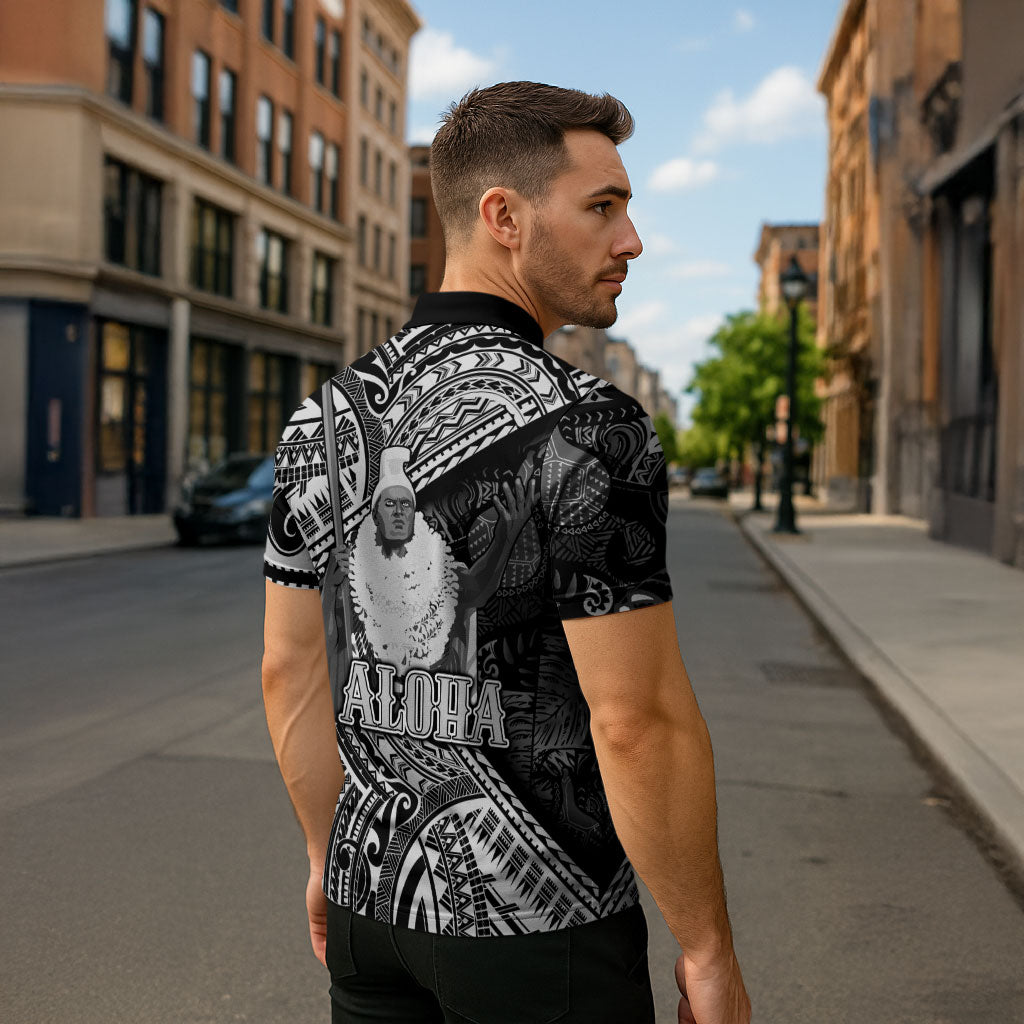 Hawaii King Kamehameha Zipper Polo Shirt With Hawaiian Ipu Motifs Black Version