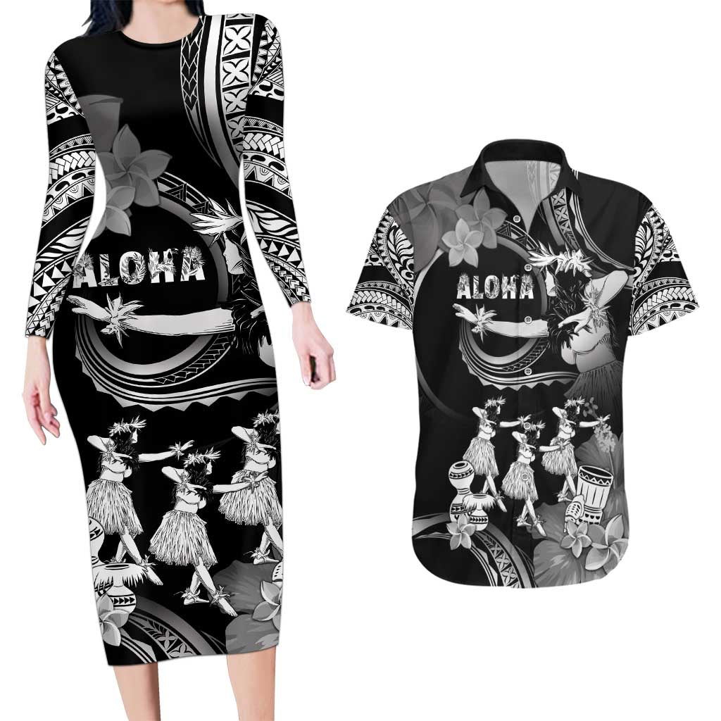 Hawaii Beautiful Hula Dancers Couples Matching Long Sleeve Bodycon Dress and Hawaiian Shirt With Ipu Keke And Pahu Drum LT05 Black - Polynesian Pride