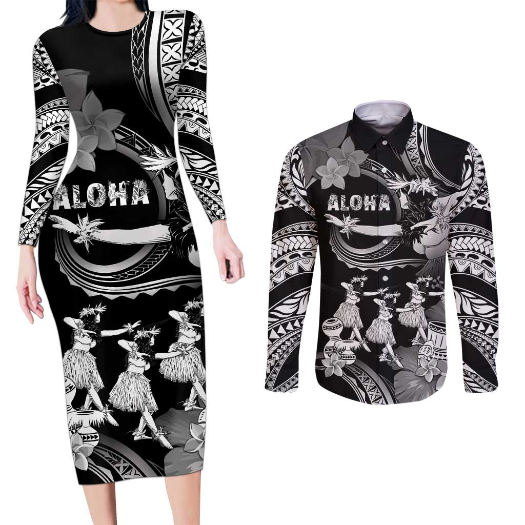 Hawaii Beautiful Hula Dancers Couples Matching Long Sleeve Bodycon Dress and Long Sleeve Button Shirt With Ipu Keke And Pahu Drum LT05 Black - Polynesian Pride