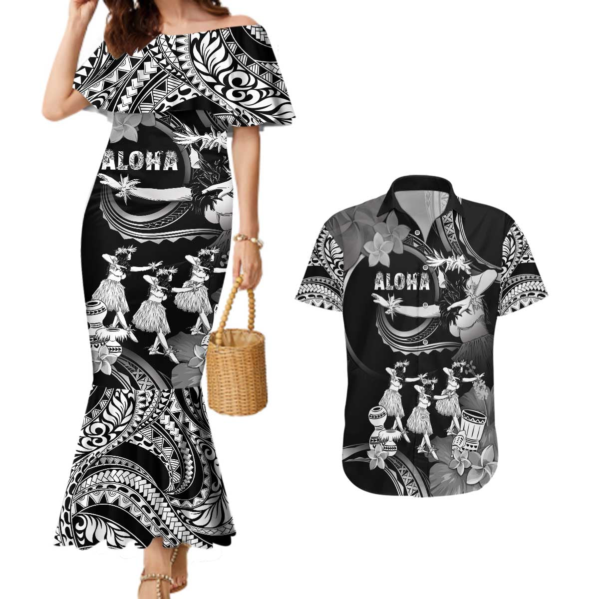 Hawaii Beautiful Hula Dancers Couples Matching Mermaid Dress and Hawaiian Shirt With Ipu Keke And Pahu Drum LT05 Black - Polynesian Pride