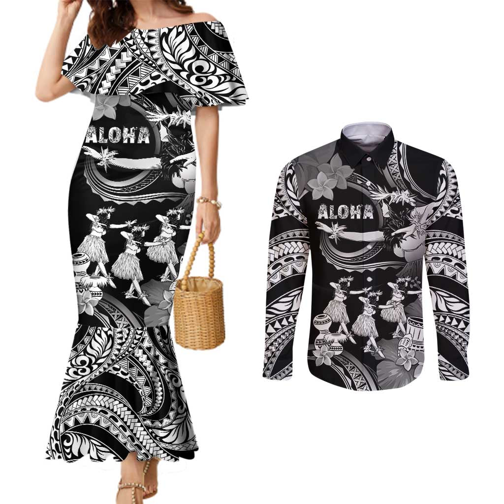 Hawaii Beautiful Hula Dancers Couples Matching Mermaid Dress and Long Sleeve Button Shirt With Ipu Keke And Pahu Drum LT05 Black - Polynesian Pride