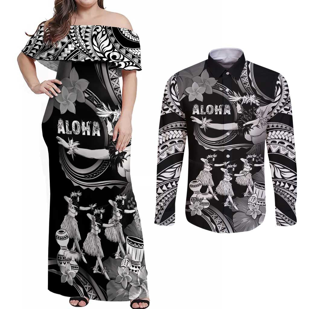 Hawaii Beautiful Hula Dancers Couples Matching Off Shoulder Maxi Dress and Long Sleeve Button Shirt With Ipu Keke And Pahu Drum LT05 Black - Polynesian Pride