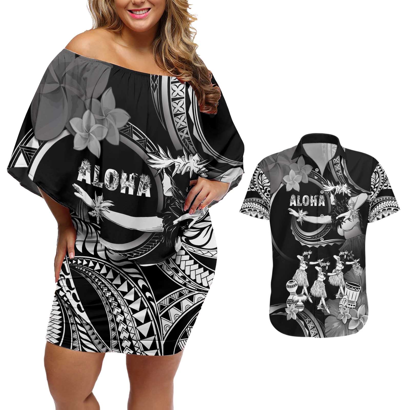 Hawaii Beautiful Hula Dancers Couples Matching Off Shoulder Short Dress and Hawaiian Shirt With Ipu Keke And Pahu Drum LT05 Black - Polynesian Pride