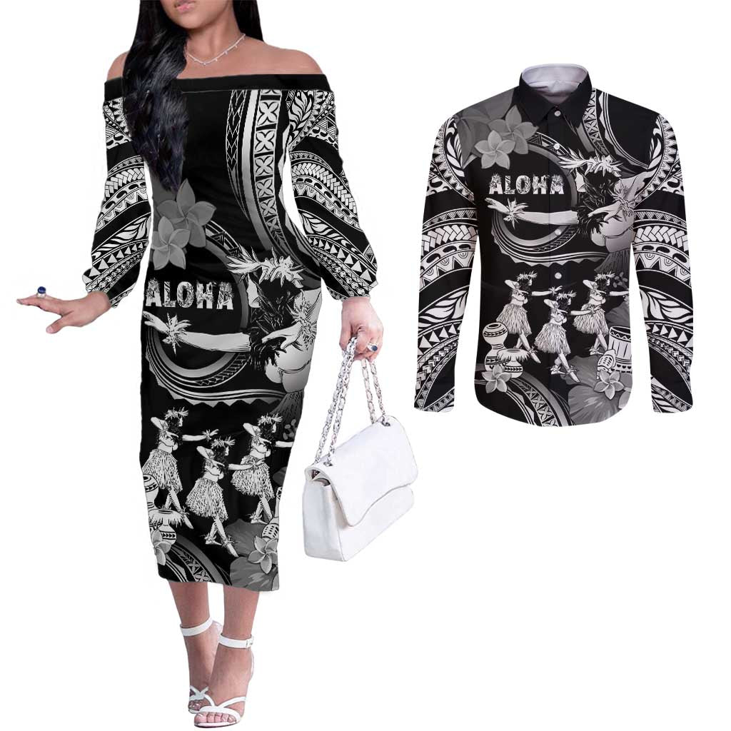 Hawaii Beautiful Hula Dancers Couples Matching Off The Shoulder Long Sleeve Dress and Long Sleeve Button Shirt With Ipu Keke And Pahu Drum LT05 Black - Polynesian Pride