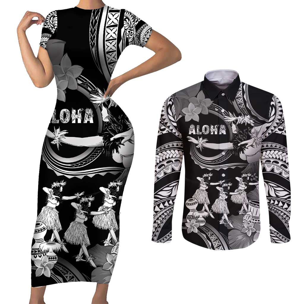 Hawaii Beautiful Hula Dancers Couples Matching Short Sleeve Bodycon Dress and Long Sleeve Button Shirt With Ipu Keke And Pahu Drum LT05 Black - Polynesian Pride