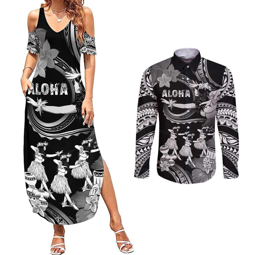 Hawaii Beautiful Hula Dancers Couples Matching Summer Maxi Dress and Long Sleeve Button Shirt With Ipu Keke And Pahu Drum LT05 Black - Polynesian Pride