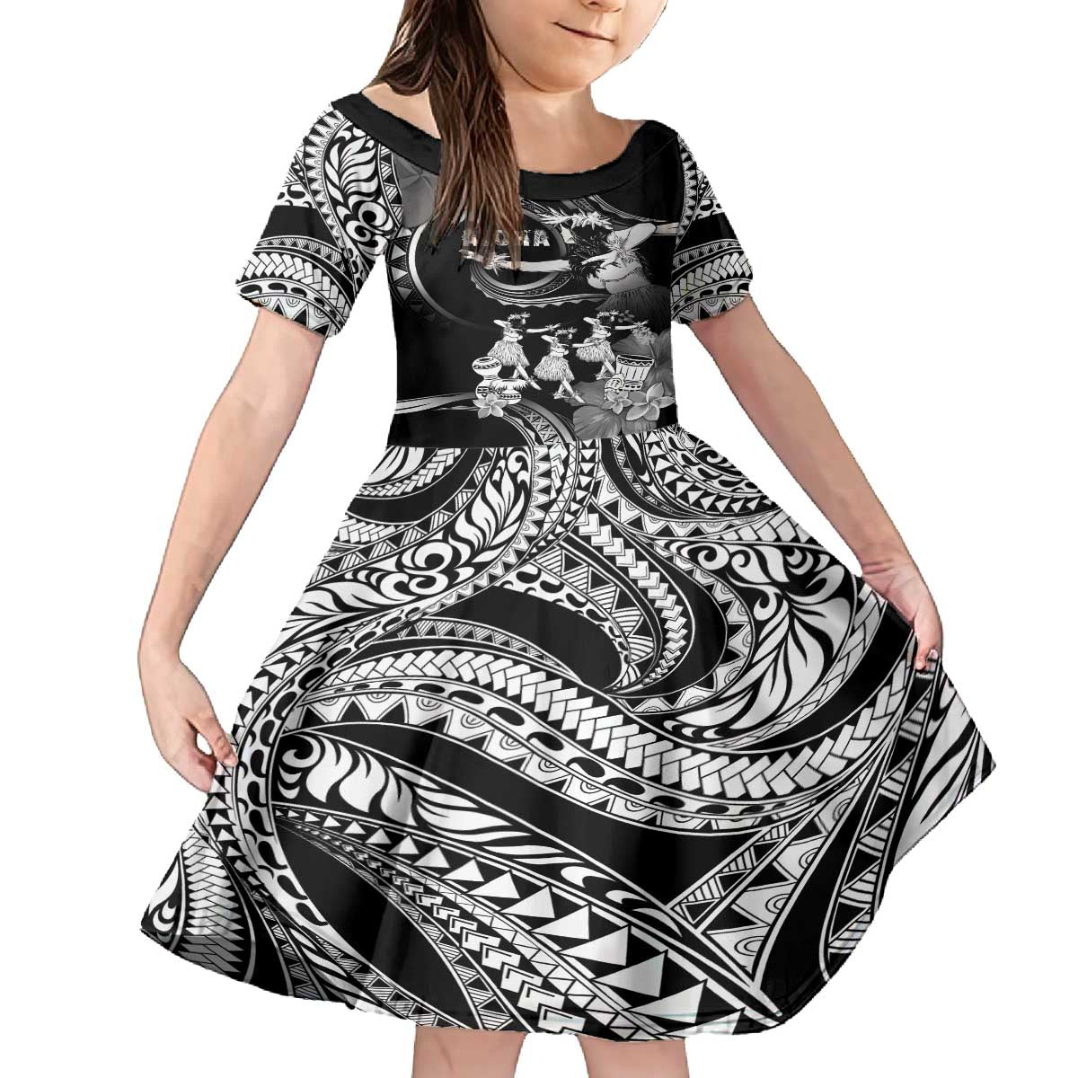 Hawaii Beautiful Hula Dancers Family Matching Off The Shoulder Long Sleeve Dress and Hawaiian Shirt With Ipu Keke And Pahu Drum LT05 Daughter's Dress Black - Polynesian Pride