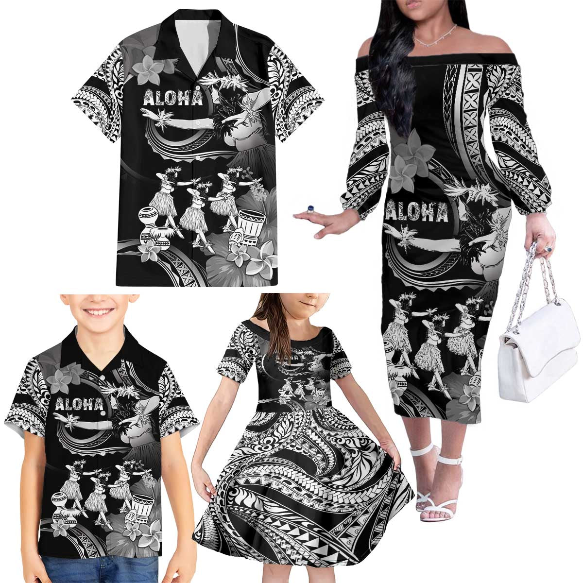 Hawaii Beautiful Hula Dancers Family Matching Off The Shoulder Long Sleeve Dress and Hawaiian Shirt With Ipu Keke And Pahu Drum LT05 - Polynesian Pride