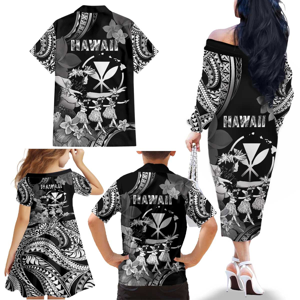 Hawaii Beautiful Hula Dancers Family Matching Off The Shoulder Long Sleeve Dress and Hawaiian Shirt With Ipu Keke And Pahu Drum LT05 - Polynesian Pride
