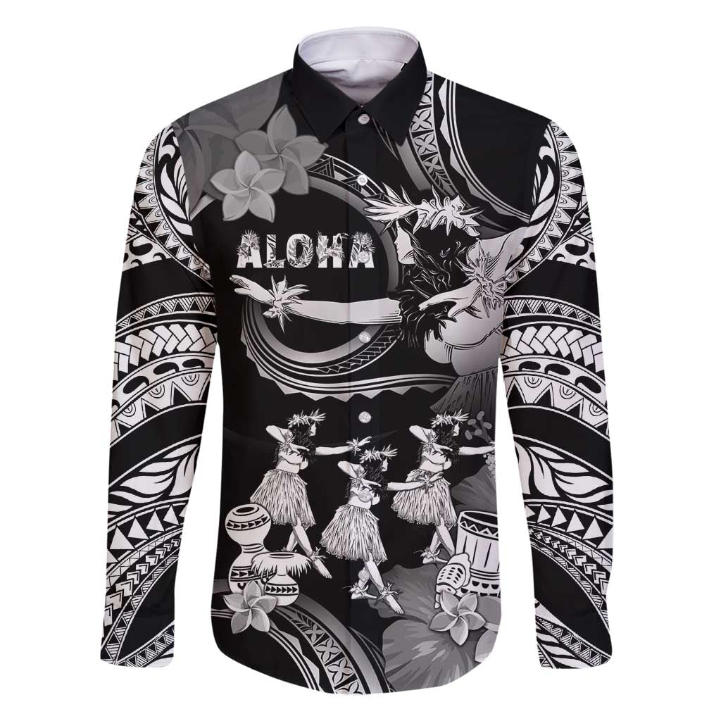 Hawaii Beautiful Hula Dancers Family Matching Off Shoulder Maxi Dress and Hawaiian Shirt With Ipu Keke And Pahu Drum LT05 Dad's Shirt - Long Sleeve Black - Polynesian Pride