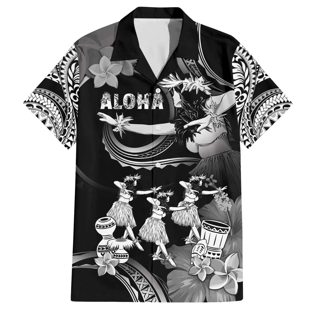 Hawaii Beautiful Hula Dancers Family Matching Off Shoulder Short Dress and Hawaiian Shirt With Ipu Keke And Pahu Drum LT05 Dad's Shirt - Short Sleeve Black - Polynesian Pride