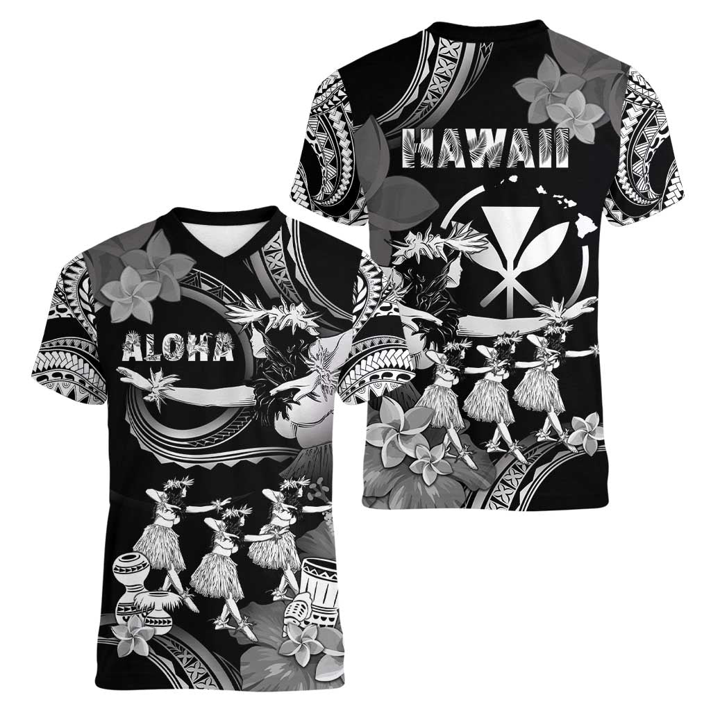 Hawaii Beautiful Hula Dancers Women V-Neck T-Shirt With Ipu Keke And Pahu Drum