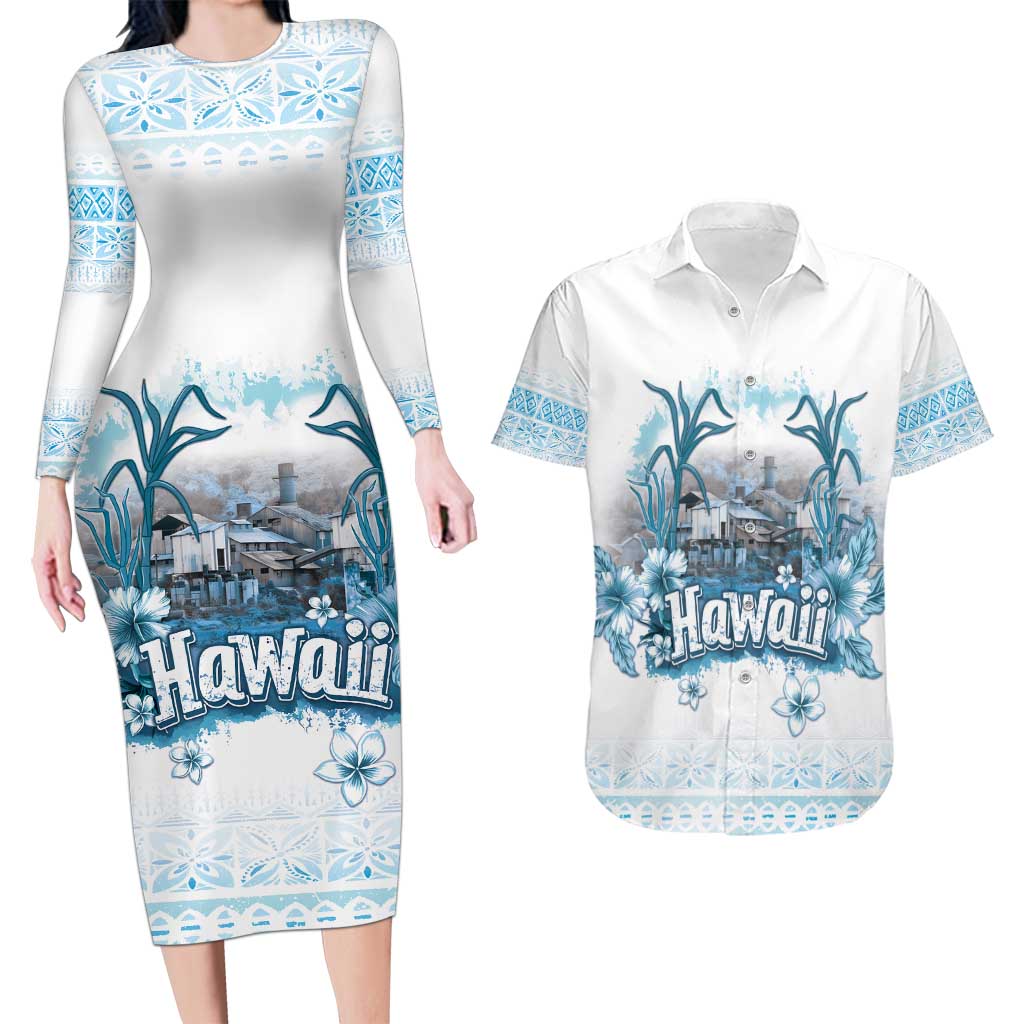 Hawaii Sugar Plantation Couples Matching Long Sleeve Bodycon Dress and Hawaiian Shirt With Hawaiian Tapa Pattern LT05 White - Polynesian Pride
