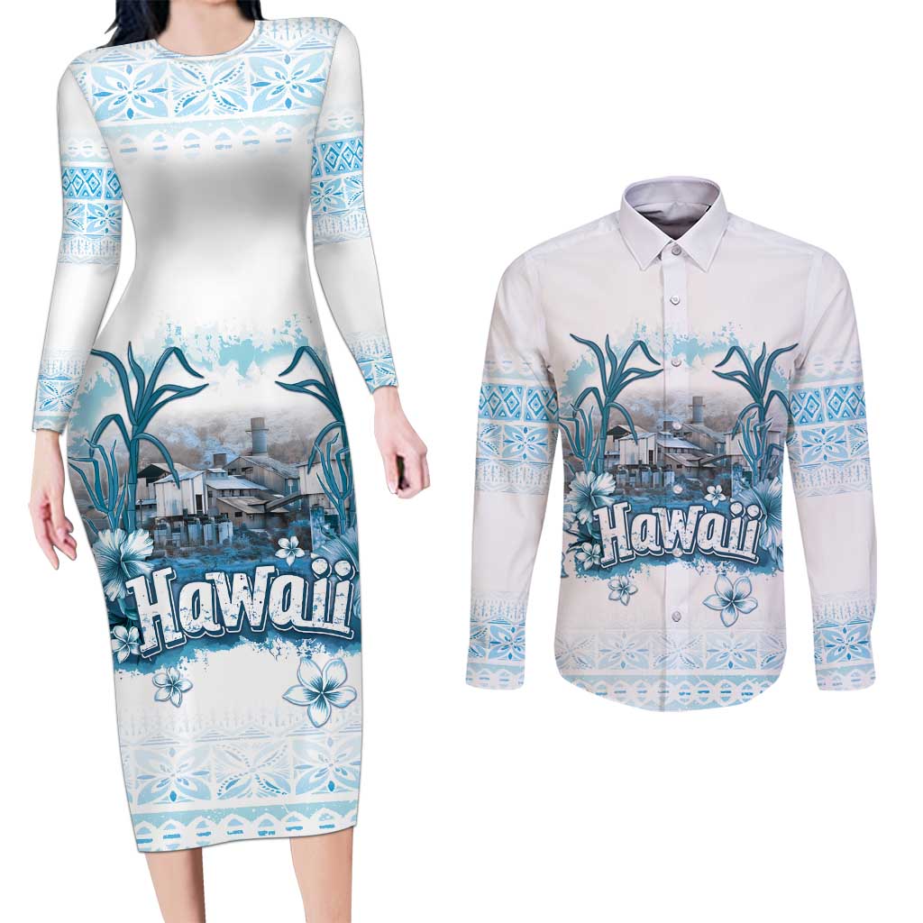 Hawaii Sugar Plantation Couples Matching Long Sleeve Bodycon Dress and Long Sleeve Button Shirt With Hawaiian Tapa Pattern LT05 White - Polynesian Pride