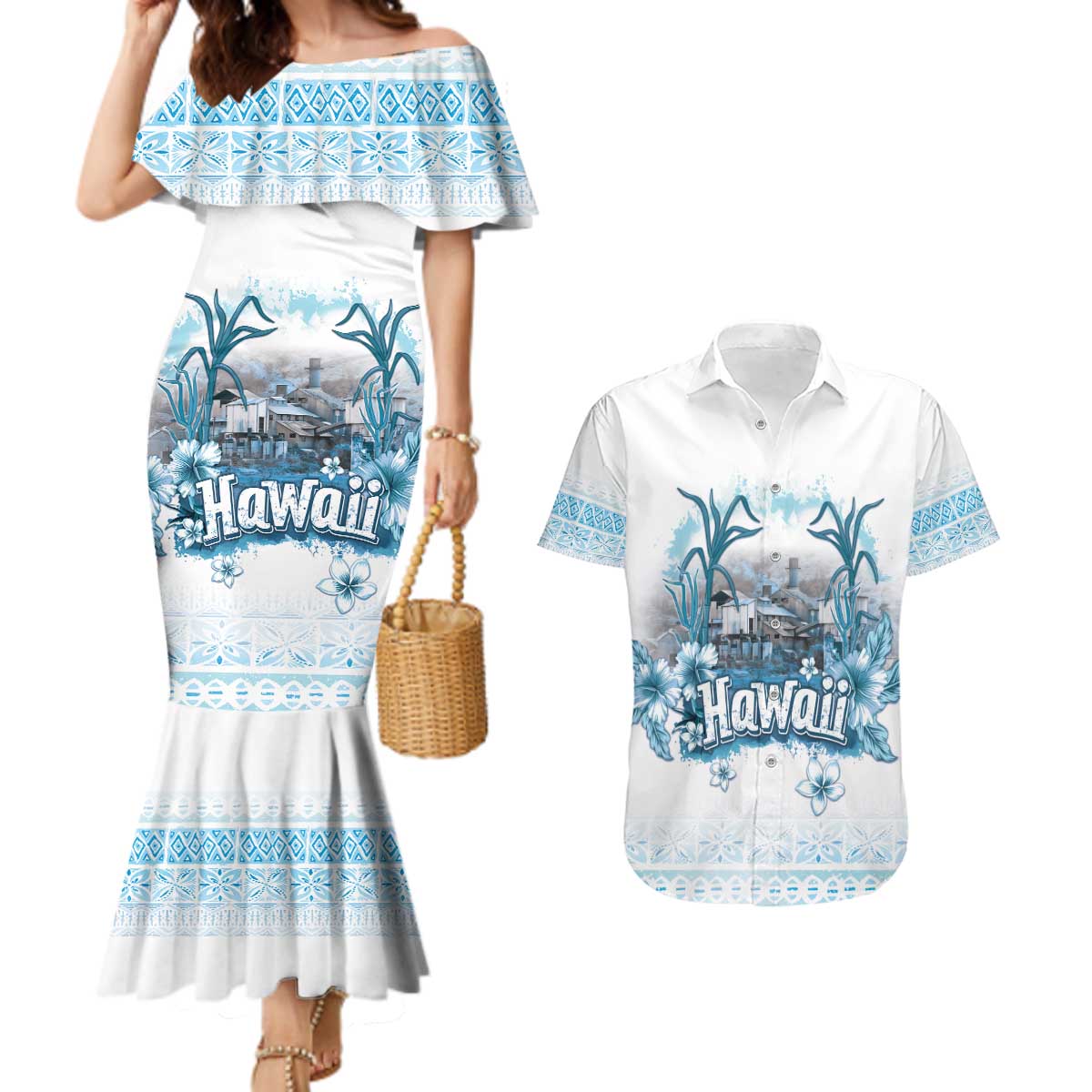 Hawaii Sugar Plantation Couples Matching Mermaid Dress and Hawaiian Shirt With Hawaiian Tapa Pattern LT05 White - Polynesian Pride