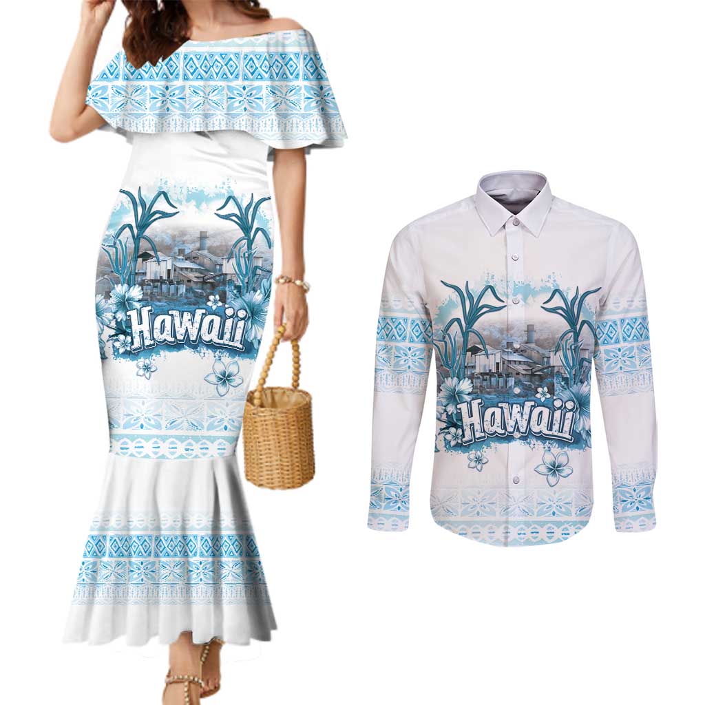 Hawaii Sugar Plantation Couples Matching Mermaid Dress and Long Sleeve Button Shirt With Hawaiian Tapa Pattern LT05 White - Polynesian Pride