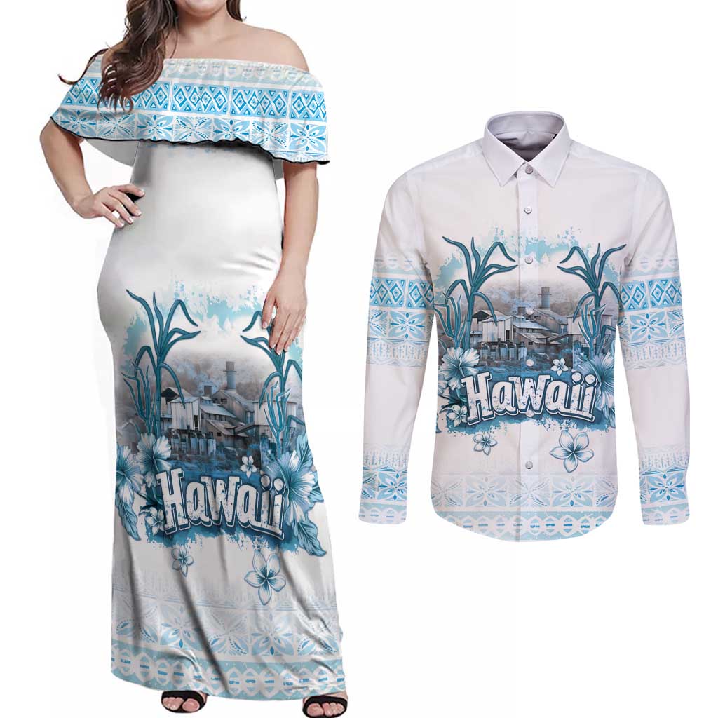 Hawaii Sugar Plantation Couples Matching Off Shoulder Maxi Dress and Long Sleeve Button Shirt With Hawaiian Tapa Pattern LT05 White - Polynesian Pride