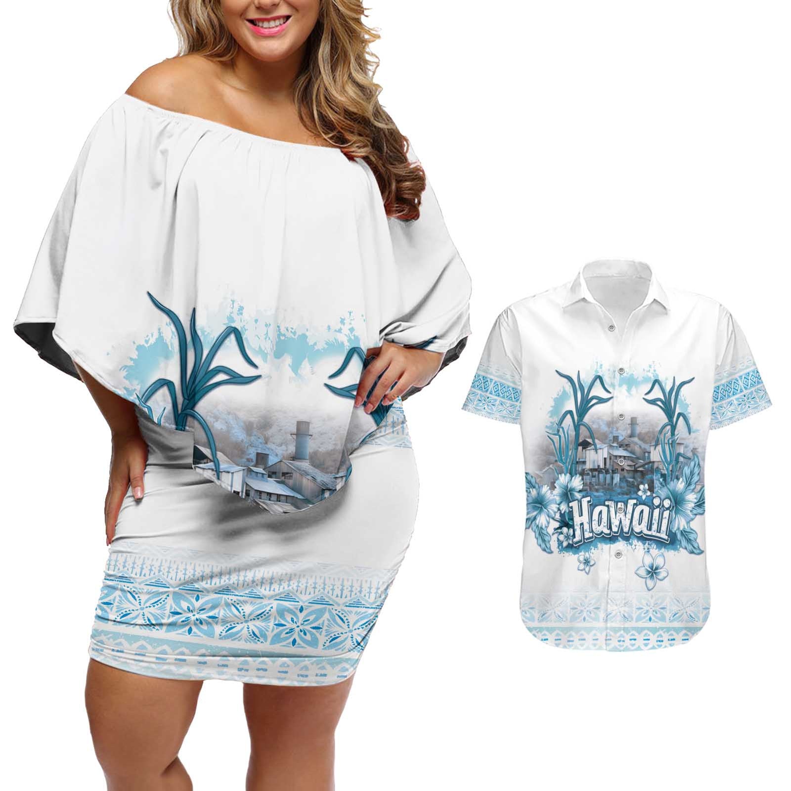 Hawaii Sugar Plantation Couples Matching Off Shoulder Short Dress and Hawaiian Shirt With Hawaiian Tapa Pattern LT05 White - Polynesian Pride
