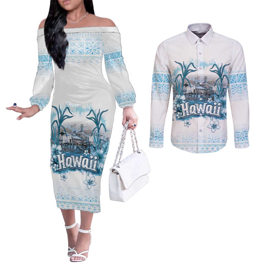 Hawaii Sugar Plantation Couples Matching Off The Shoulder Long Sleeve Dress and Long Sleeve Button Shirt With Hawaiian Tapa Pattern LT05 White - Polynesian Pride