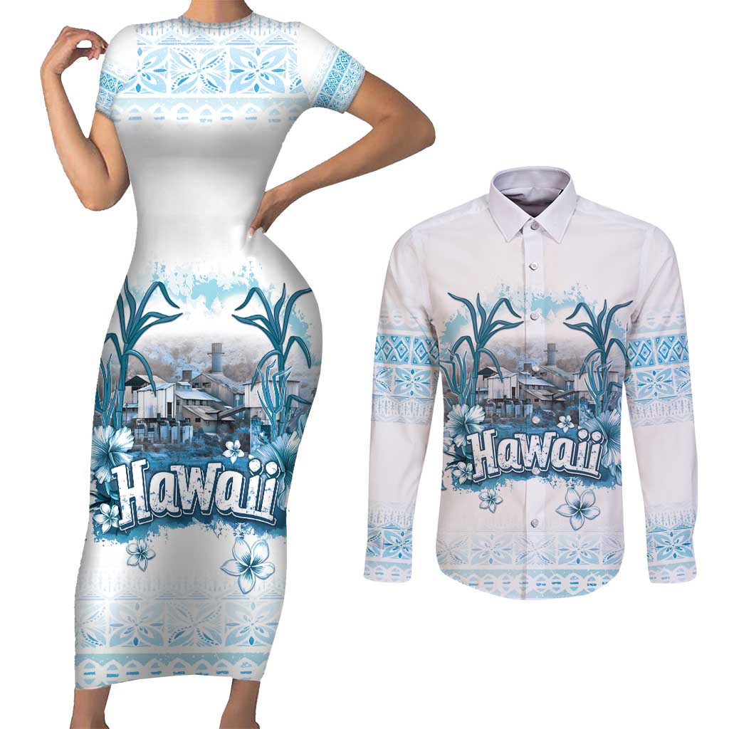 Hawaii Sugar Plantation Couples Matching Short Sleeve Bodycon Dress and Long Sleeve Button Shirt With Hawaiian Tapa Pattern LT05 White - Polynesian Pride