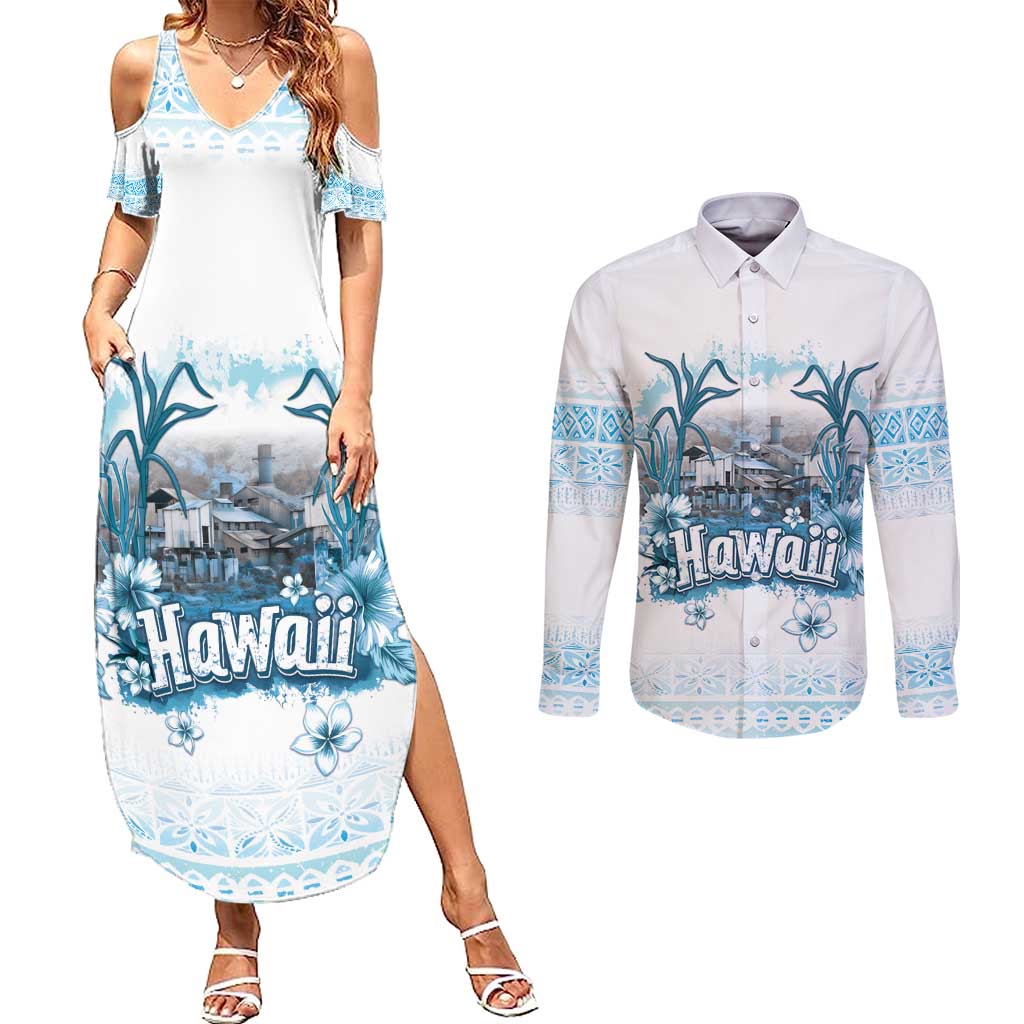 Hawaii Sugar Plantation Couples Matching Summer Maxi Dress and Long Sleeve Button Shirt With Hawaiian Tapa Pattern LT05 White - Polynesian Pride