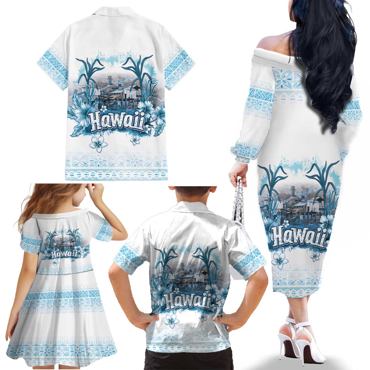 Hawaii Sugar Plantation Family Matching Off The Shoulder Long Sleeve Dress and Hawaiian Shirt With Hawaiian Tapa Pattern LT05 - Polynesian Pride