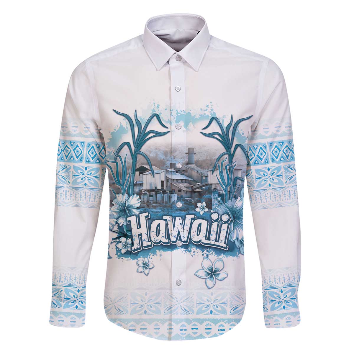 Hawaii Sugar Plantation Family Matching Off The Shoulder Long Sleeve Dress and Hawaiian Shirt With Hawaiian Tapa Pattern LT05 Dad's Shirt - Long Sleeve White - Polynesian Pride