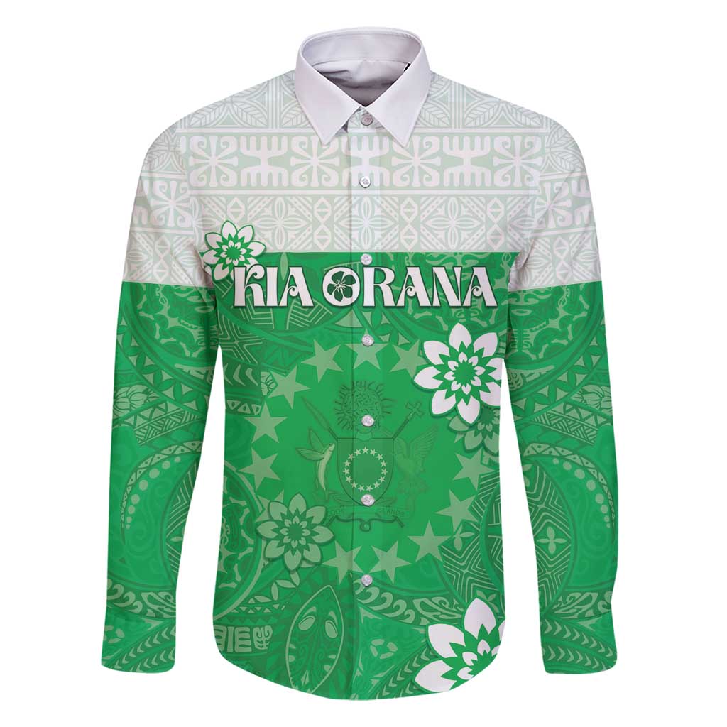 Cook Islands Maori Language Week Family Matching Off Shoulder Maxi Dress and Hawaiian Shirt Pacific Tapa Pattern LT05 Dad's Shirt - Long Sleeve Green - Polynesian Pride