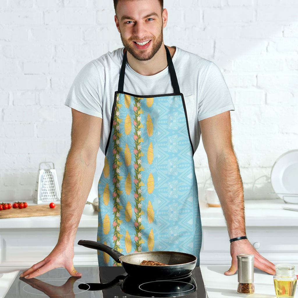 Hawaii Shell Tiare Anthurium Heliconia Lei Apron With Tapa Pattern Baby Blue