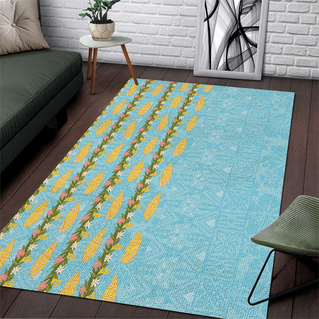 Hawaii Shell Tiare Anthurium Heliconia Lei Area Rug With Tapa Pattern Baby Blue LT05 Blue - Polynesian Pride