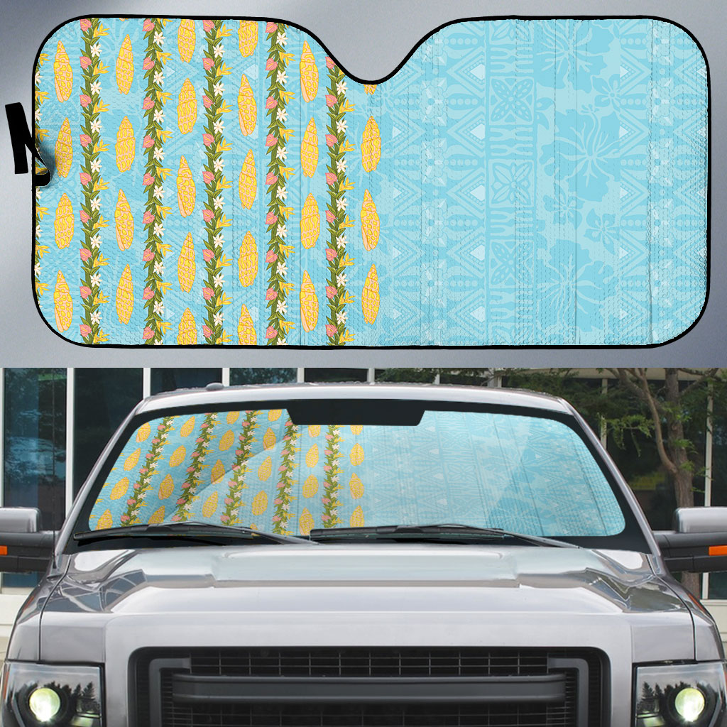 Hawaii Shell Tiare Anthurium Heliconia Lei Auto Sun Shade With Tapa Pattern Baby Blue LT05 Blue - Polynesian Pride