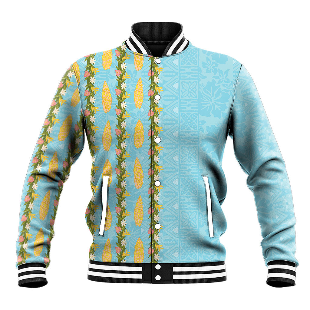Hawaii Shell Tiare Anthurium Heliconia Lei Baseball Jacket With Tapa Pattern Baby Blue