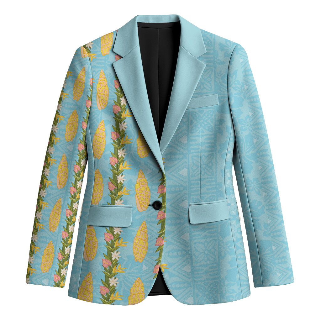 Hawaii Shell Tiare Anthurium Heliconia Lei Blazer With Tapa Pattern Baby Blue LT05 Unisex Blue - Polynesian Pride