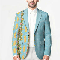 Hawaii Shell Tiare Anthurium Heliconia Lei Blazer With Tapa Pattern Baby Blue