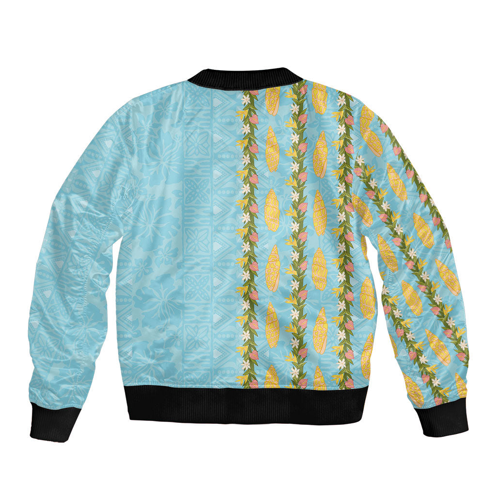 Hawaii Shell Tiare Anthurium Heliconia Lei Bomber Jacket With Tapa Pattern Baby Blue