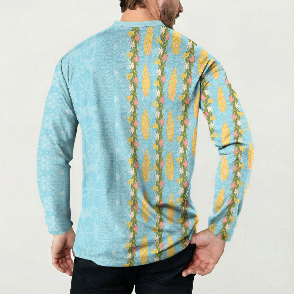 Hawaii Shell Tiare Anthurium Heliconia Lei Button Sweatshirt With Tapa Pattern Baby Blue