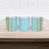 Hawaii Shell Tiare Anthurium Heliconia Lei Ceramic Mug With Tapa Pattern Baby Blue
