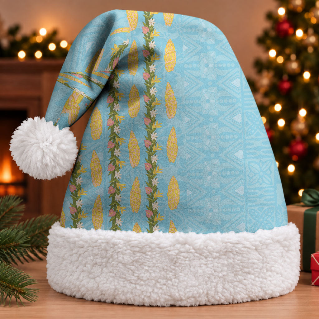 Hawaii Shell Tiare Anthurium Heliconia Lei Christmas Santa Hat With Tapa Pattern Baby Blue