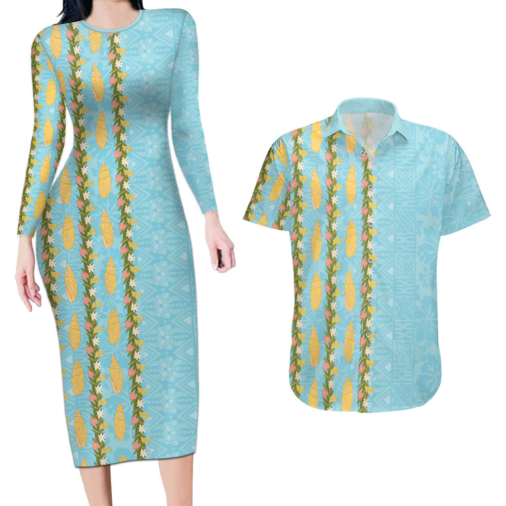 Hawaii Shell Tiare Anthurium Heliconia Lei Couples Matching Long Sleeve Bodycon Dress and Hawaiian Shirt With Tapa Pattern Baby Blue LT05 Blue - Polynesian Pride