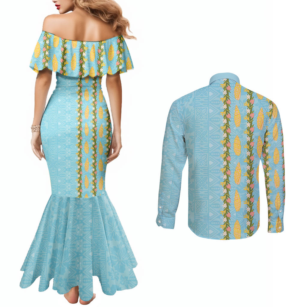 Hawaii Shell Tiare Anthurium Heliconia Lei Couples Matching Mermaid Dress and Long Sleeve Button Shirt With Tapa Pattern Baby Blue