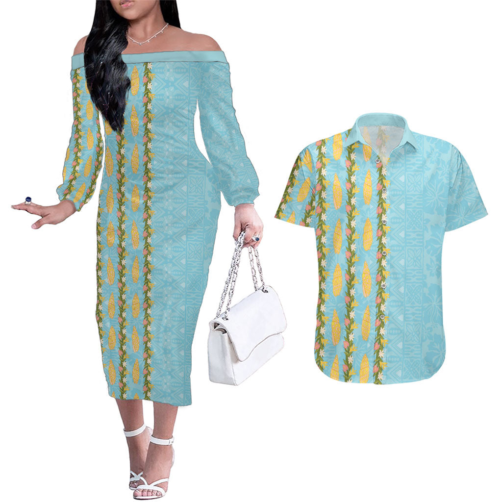 Hawaii Shell Tiare Anthurium Heliconia Lei Couples Matching Off The Shoulder Long Sleeve Dress and Hawaiian Shirt With Tapa Pattern Baby Blue LT05 Blue - Polynesian Pride